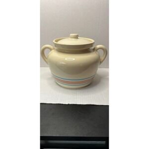 Vintage McCoy Bean Pot Crock Casserole Soup Jar Blue Pink Stripe With Lid